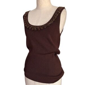 Cache Women's Brown Beaded Ribbed Tank Top Size M Sleeveless Y2k